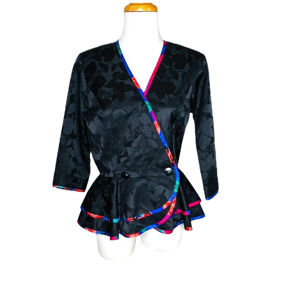 80s AJ Bari Jacquard Peplum Jacket 100% Silk Floral Piping Size 10 Vintage - Picture 2 of 12